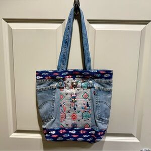 Handmade Levi’s Jeans Tote Bag Blue Native Feather Aztec Boho Hippie Vibes
